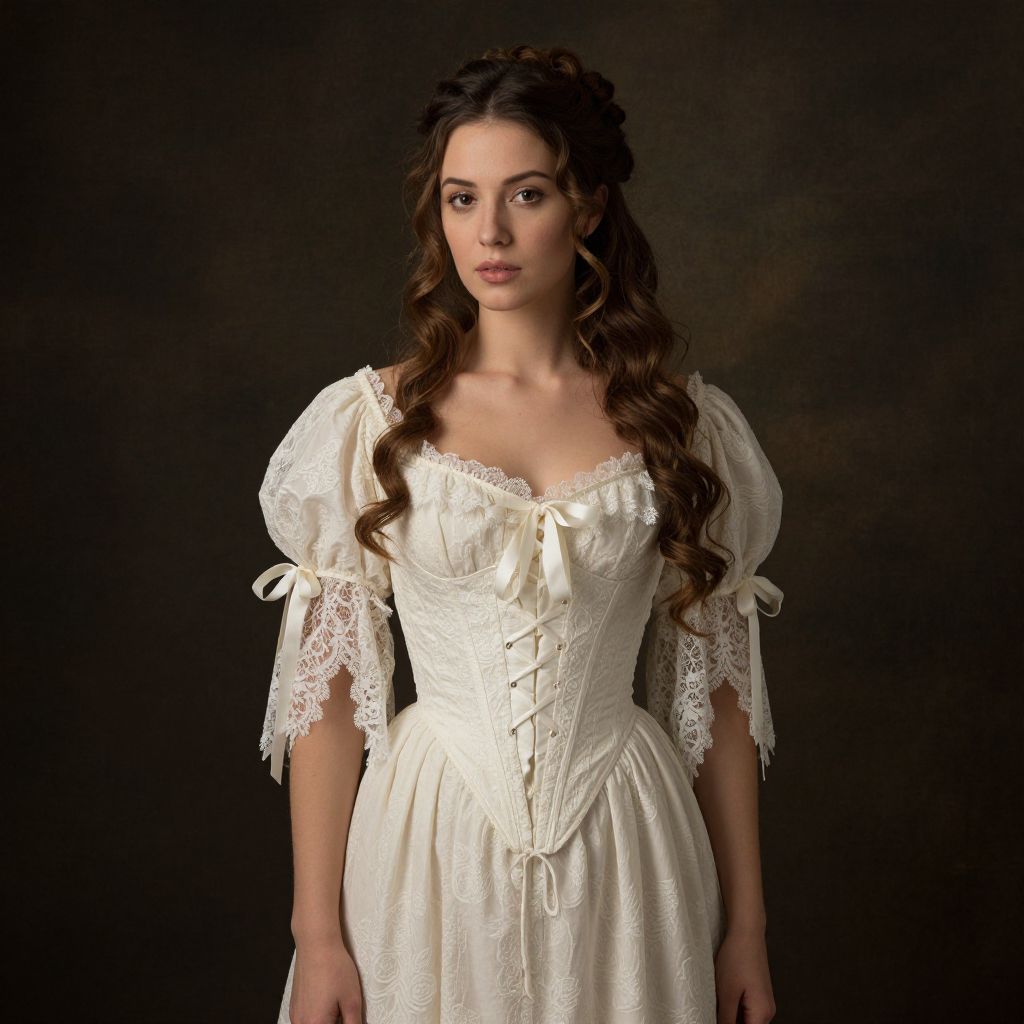 Elegant Woman in Vintage White Lace Corset Dress