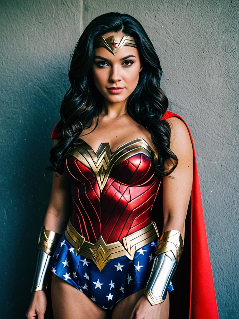 Confident Woman in Red Gold Armor with Cape