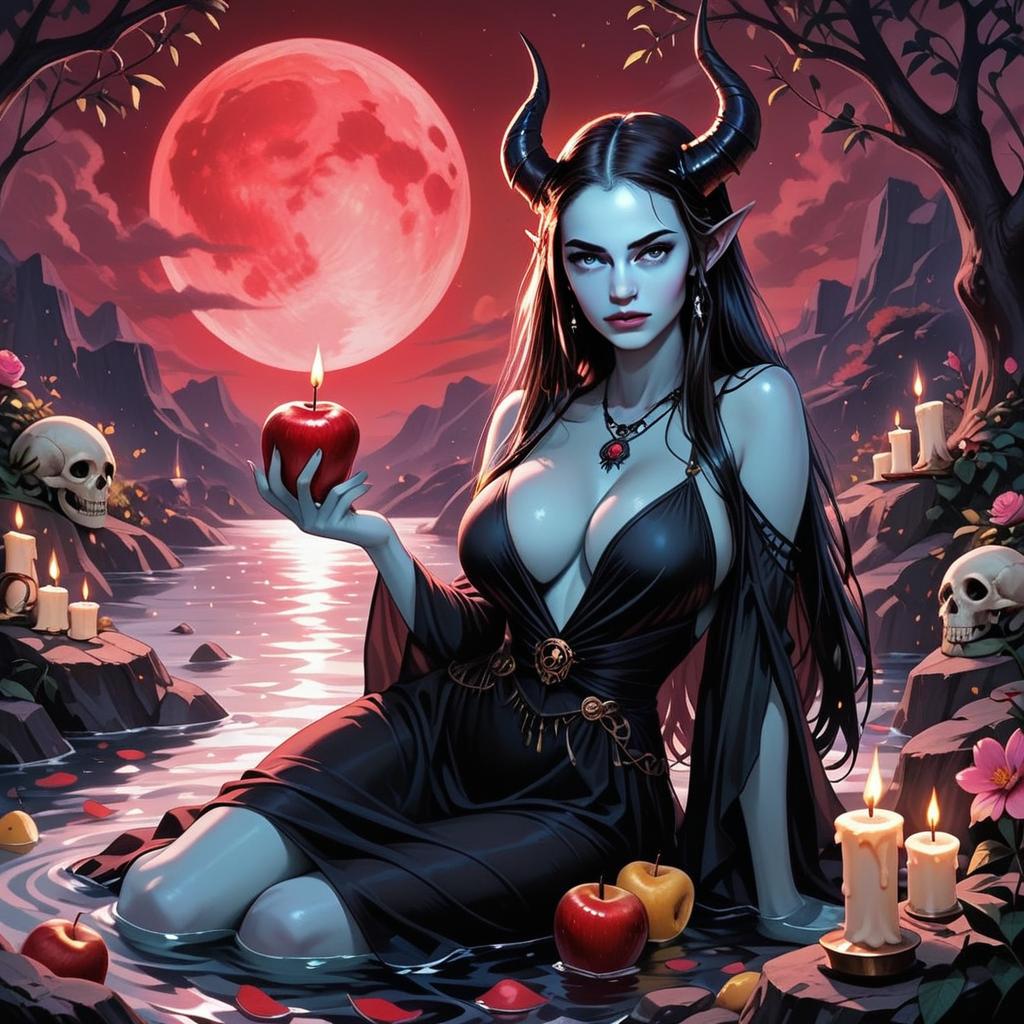 Mystical Woman with Horns Under Red Moon