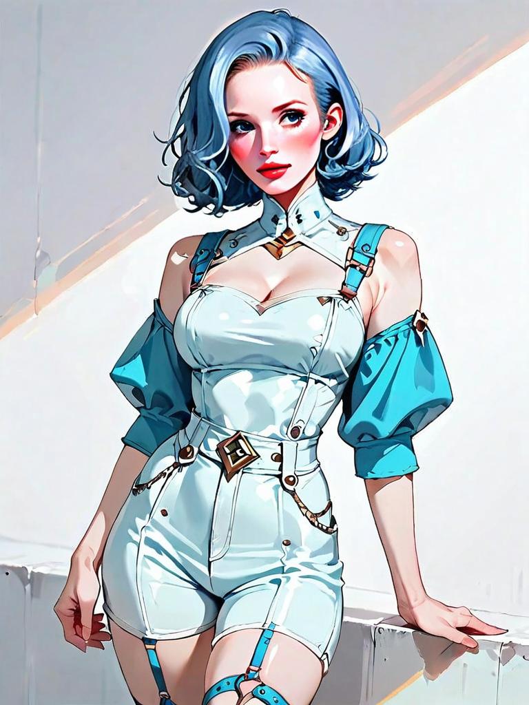 Realistic Anime Woman in Fitted White Leather Bralette with Adjustable Straps