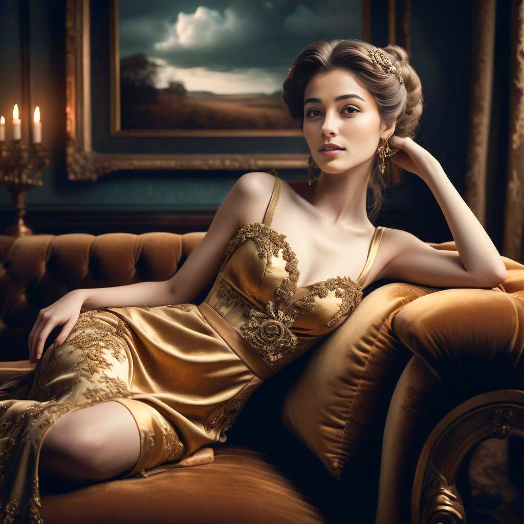 Elegant Woman on Vintage Sofa in Gold Satin Dress Elegant Woman on Vintage Sofa in Gold Satin Dress