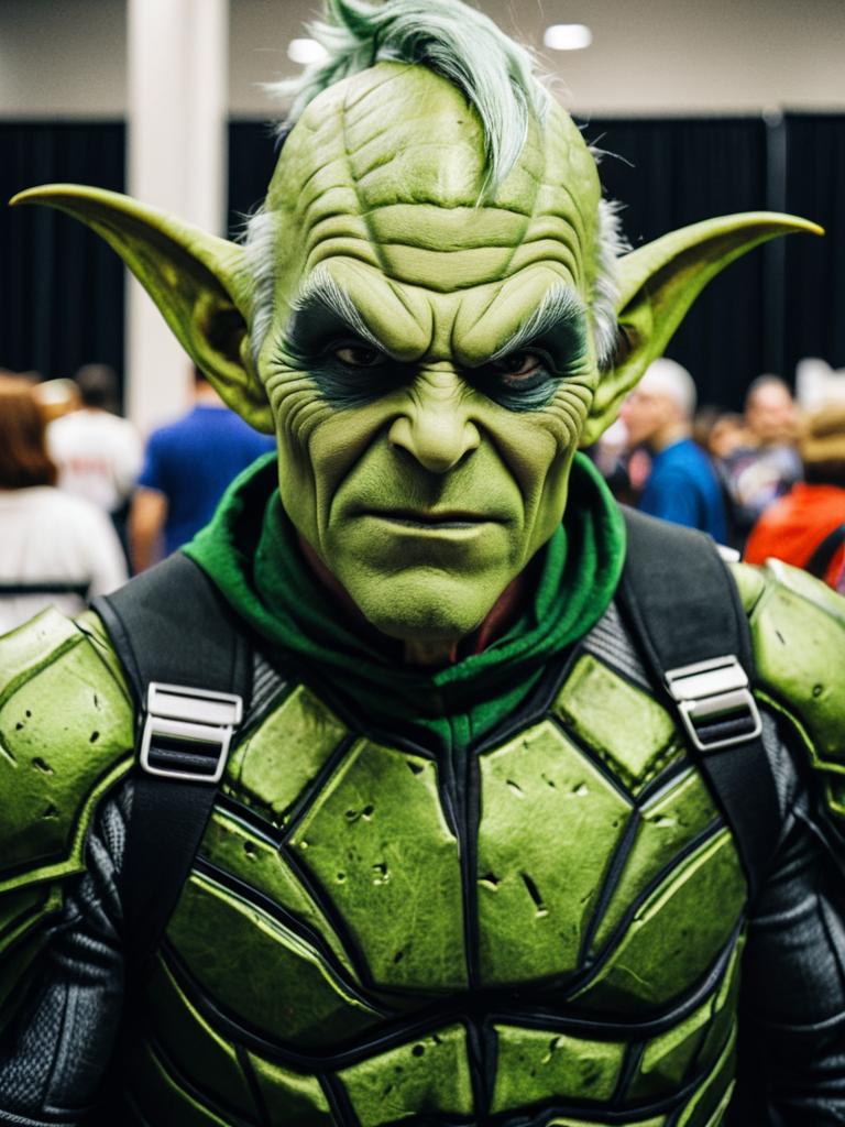 Man in Green Goblin Costume Candid Cosplay Portrait at Comic Convention
