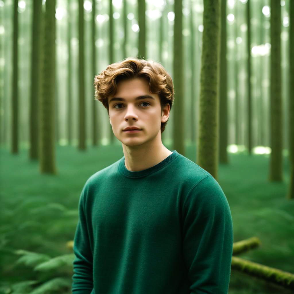 Young man in serene forest