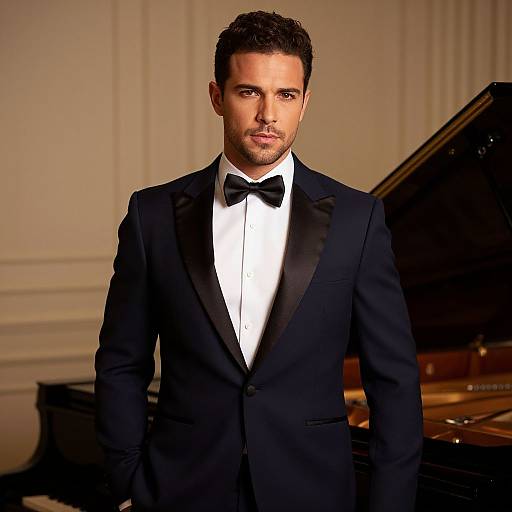 Man in Navy Tuxedo with Bow Tie Standing by Grand Piano