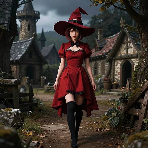 Young Woman in Red Witch Costume Walking Through Medieval Village