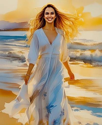 Smiling Woman in Flowing Dress on Beach at Sunset