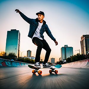 Young Man Skateboarding at Sunset in Urban Setting