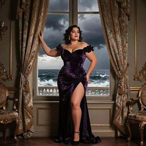 Elegant Woman in Purple Velvet Gown with Stormy Sea Background