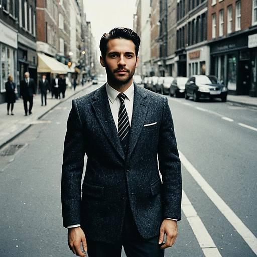 Man in Tailored Coat and Suit Standing on Urban Street
