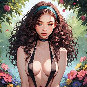 Beautiful Digital Portrait of Woman with Curly Hair in Floral Garden