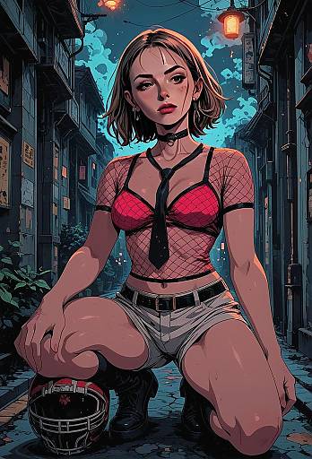 Cyberpunk Style Woman in Fishnet Top and Shorts Urban Alley Illustration