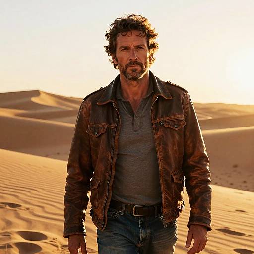 Rugged Man in Leather Jacket Standing in Desert Landscape
