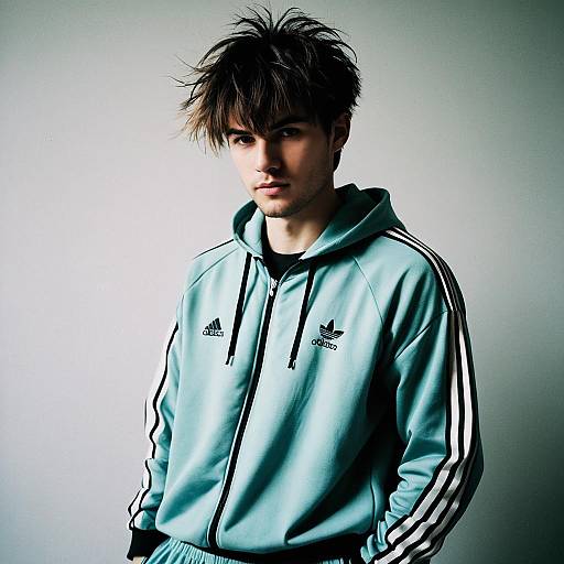 Young Man in Light Blue Adidas Track Jacket and Sporting Streetwear