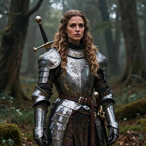 Woman in Detailed Medieval Knight Armor Standing in Misty Forest