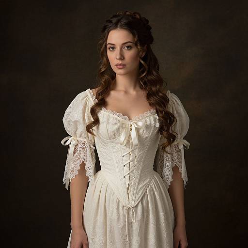 Elegant Woman in Vintage White Lace Corset Dress