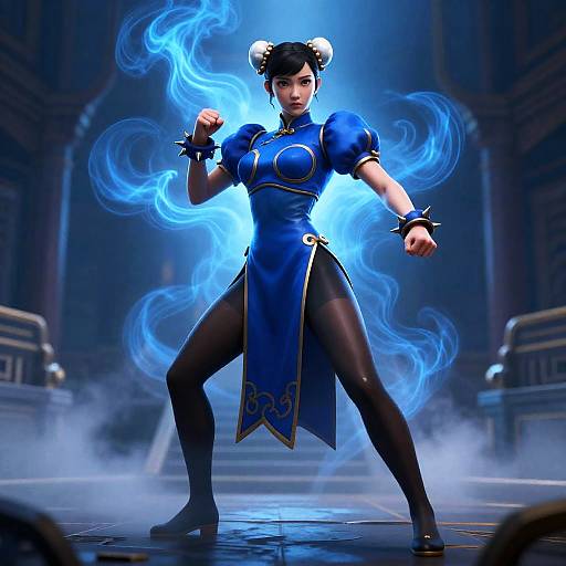 Digital Art of Woman in Blue Qipao Martial Arts Pose with Energy Swirls