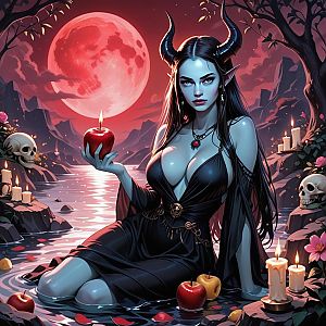 Mystical Woman with Horns Under Red Moon