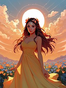 Woman in Yellow Dress in Flower Field at Sunset