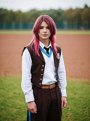 Young Man with Pink Hair in Vintage-Inspired Brown Vest and Uniform on Outdoor Field