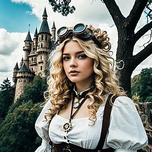 Steampunk Woman in Front of Castle