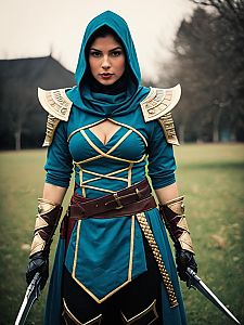 Realistic Fantasy Warrior Woman in Teal Hooded Armor Cosplay