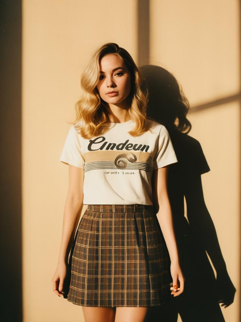 Woman Casual Streetwear in Faded Black Graphic T-Shirt and Plaid Skirt