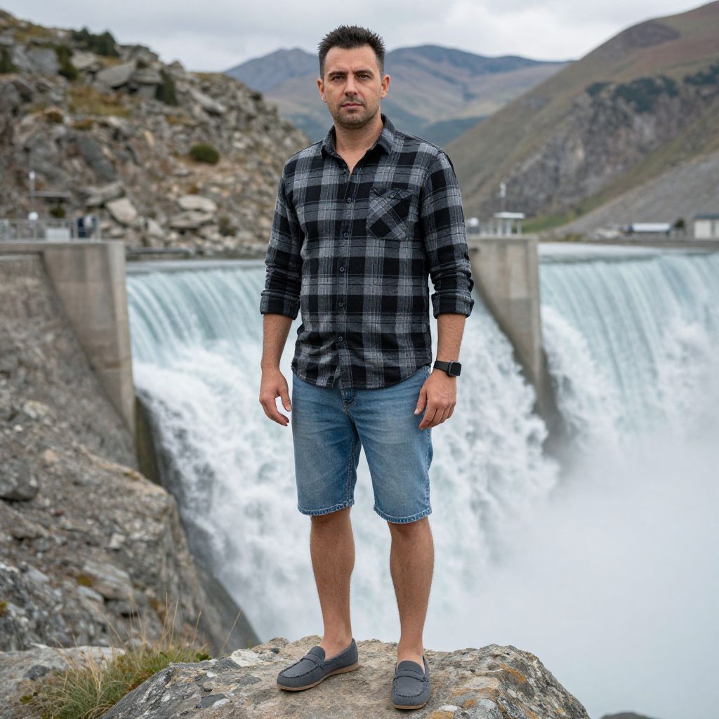 Man Standing by Large Dam with Waterfall in Mountain Landscape