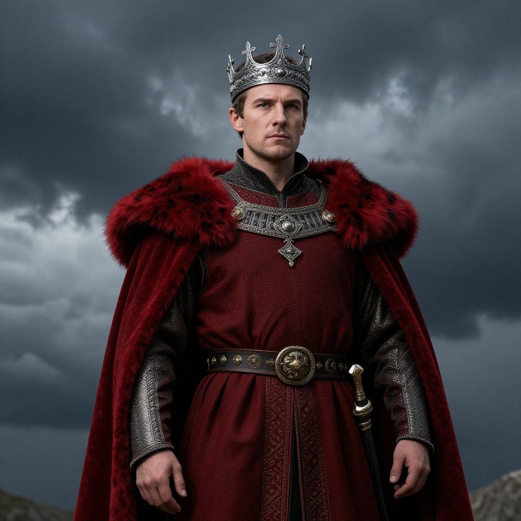 Medieval King Wearing Silver Crown and Red Fur-Lined Cape