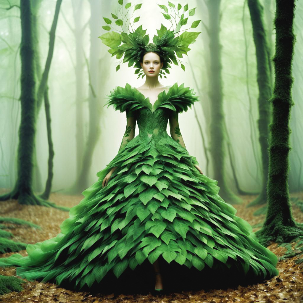 Woman in Leaf-Inspired Gown in Forest