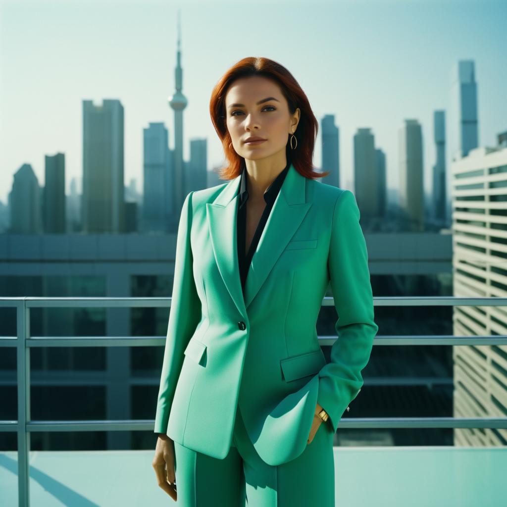 Confident Woman in Green Suit Against Urban Skyline