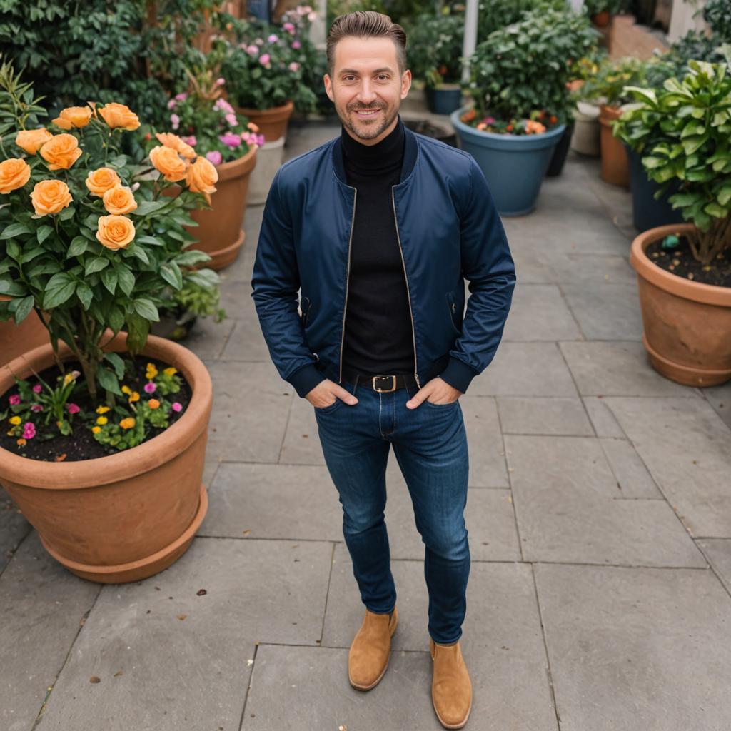 Stylish Man in Courtyard with Plants