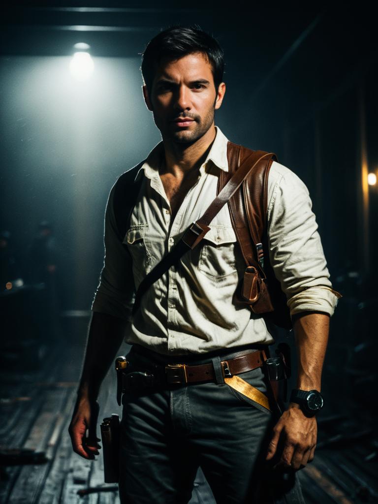 Man in Realistic Nathan Drake Cosplay Costume Adventure Outfit