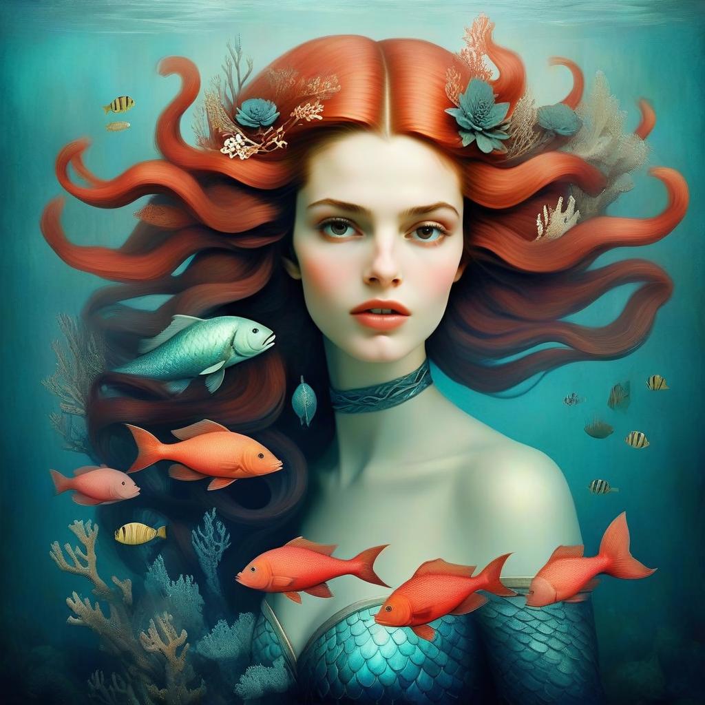 Underwater Portrait of Woman with Red Hair and Marine Life