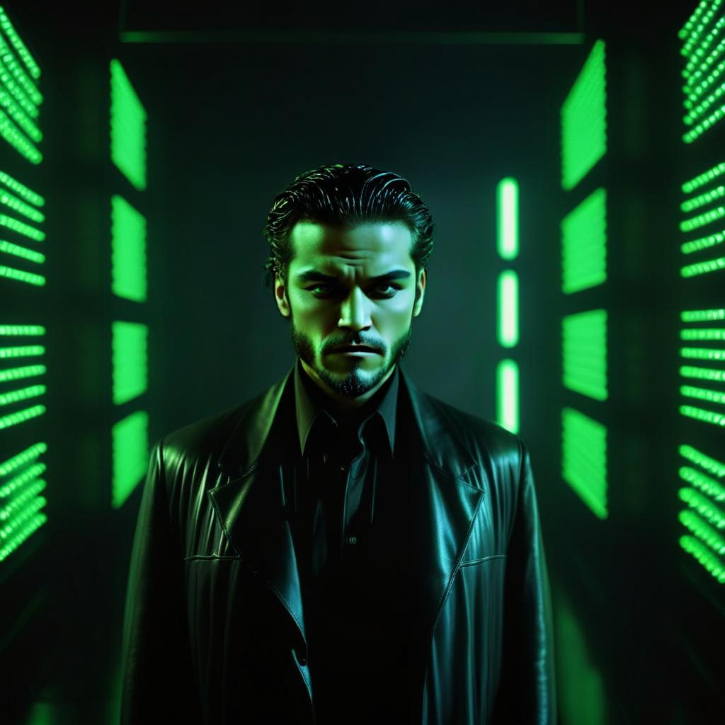 Cyberpunk Man in Futuristic Green LED Corridor Wearing Leather Jacket