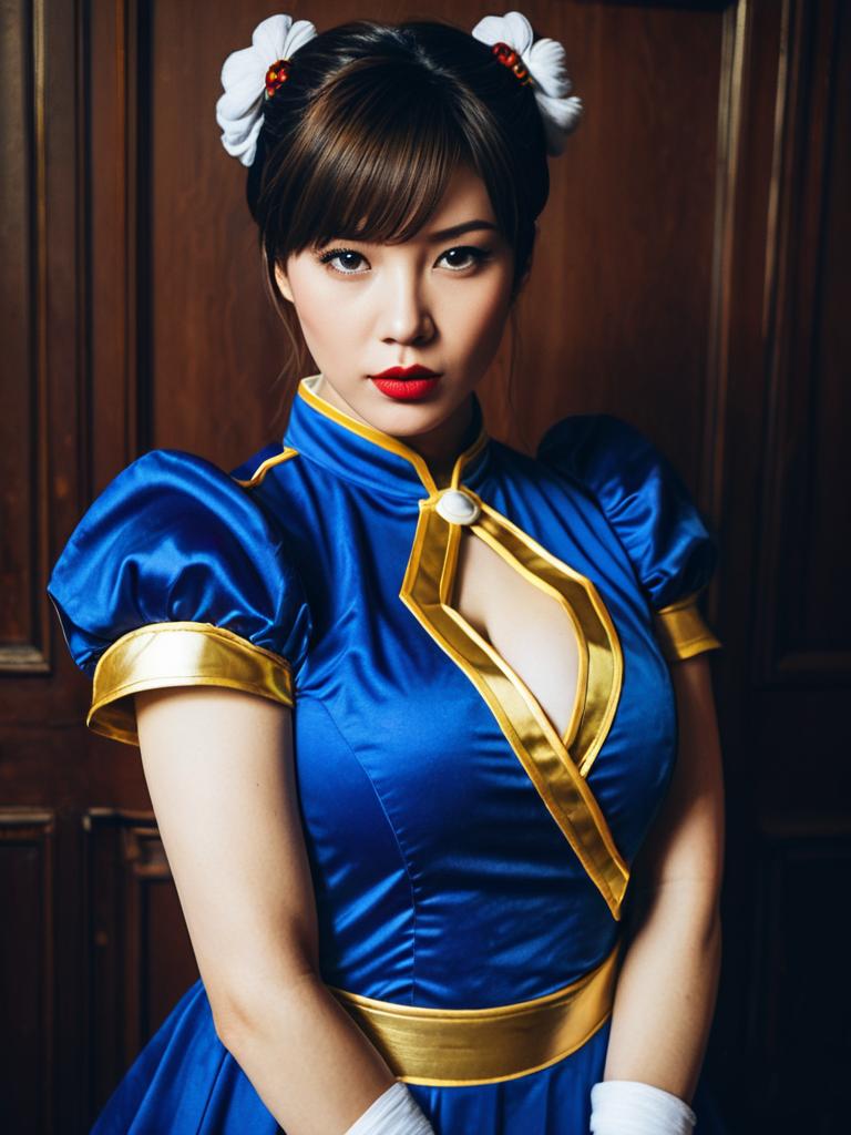 Realistic Chun-Li Cosplay Woman in Street Fighter Costume