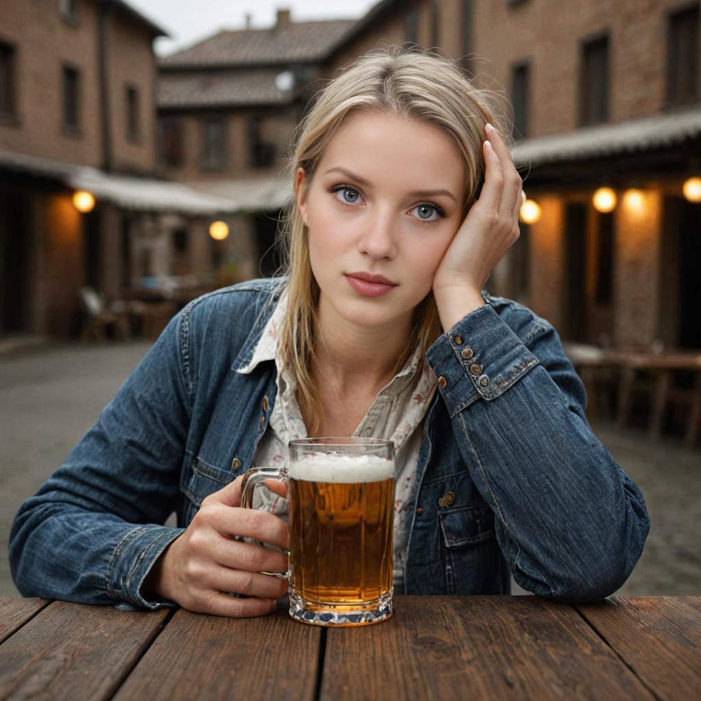 Woman Enjoying Beer Outdoors in Rustic Setting