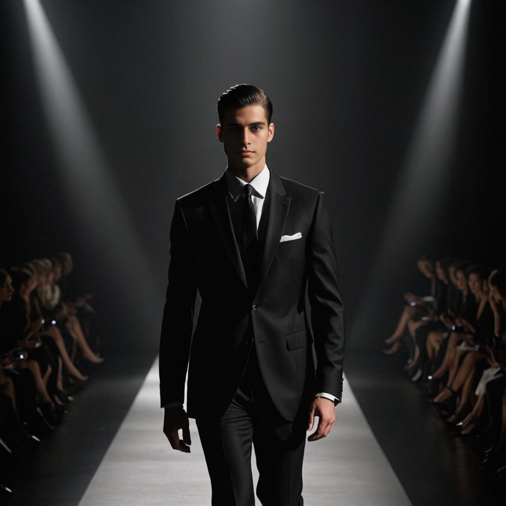 Confident Man in Black Suit on Fashion Runway