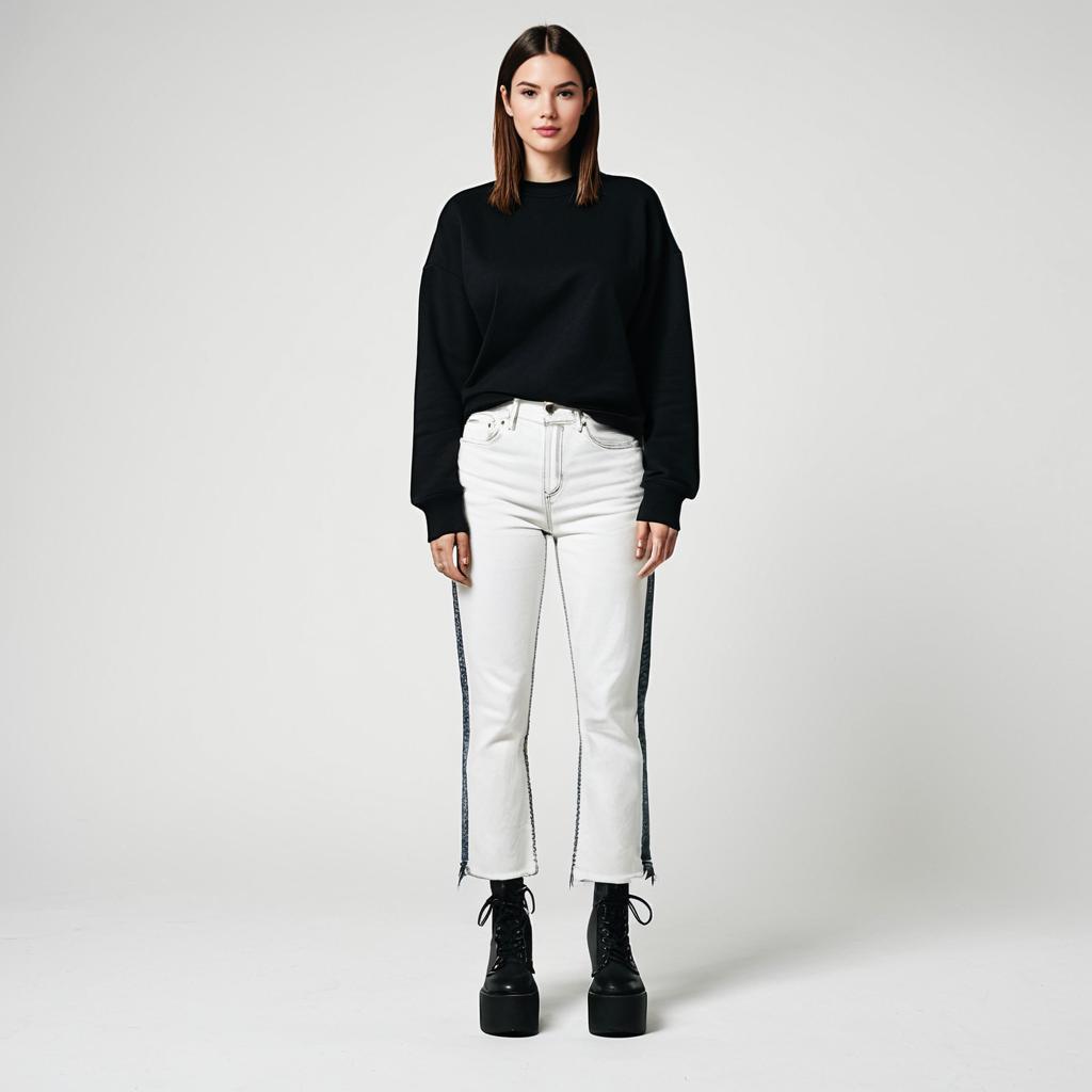 Young Woman in Black Sweatshirt and White Jeans with Platform Boots