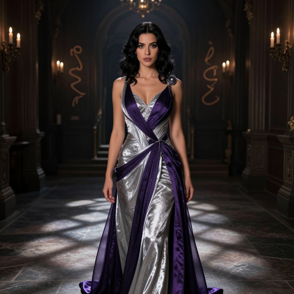 Elegant Woman in Silver and Purple Evening Gown in Luxurious Dark Hall