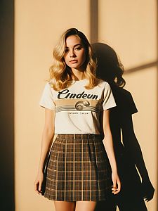 Woman Casual Streetwear in Faded Black Graphic T-Shirt and Plaid Skirt