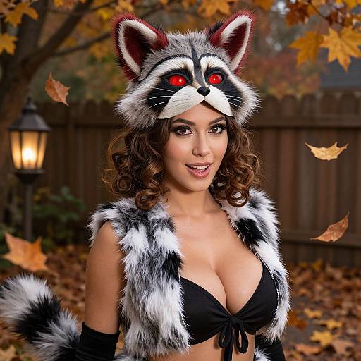 Woman in Raccoon Costume with Glowing Red Eyes in Autumn Outdoors