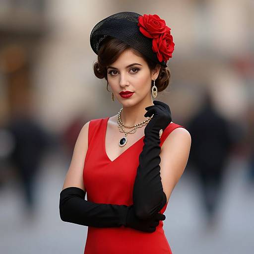 Elegant Woman in Red Dress with Vintage Black Hat and Gloves