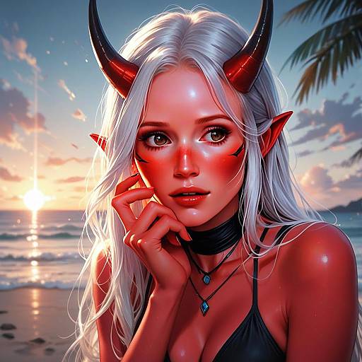 Fantasy Red-Horned Woman with White Hair at Beach Sunset