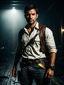 Man in Realistic Nathan Drake Cosplay Costume Adventure Outfit