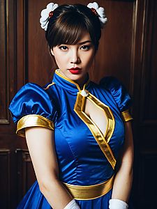 Realistic Chun-Li Cosplay Woman in Street Fighter Costume