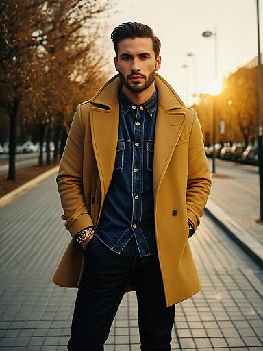 Man in Modern Fashion Outfit Wearing Camel Overcoat and Denim Shirt Outdoors