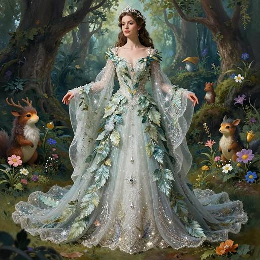 Enchanted Forest Fairy Tale Woman in Leaf-Adorned Gown
