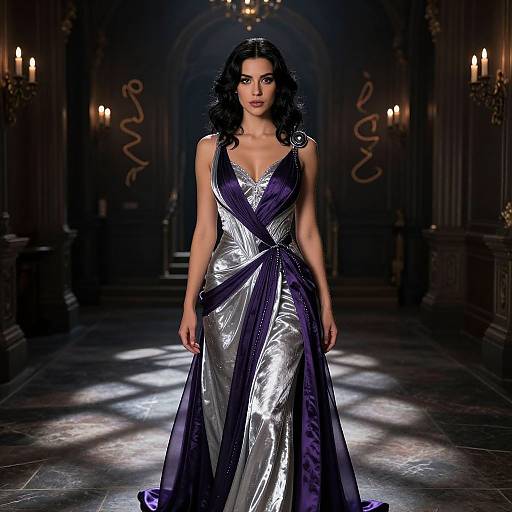 Elegant Woman in Silver and Purple Evening Gown in Luxurious Dark Hall