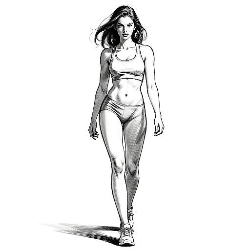 Pencil Sketch of Athletic Woman Walking in Sportswear