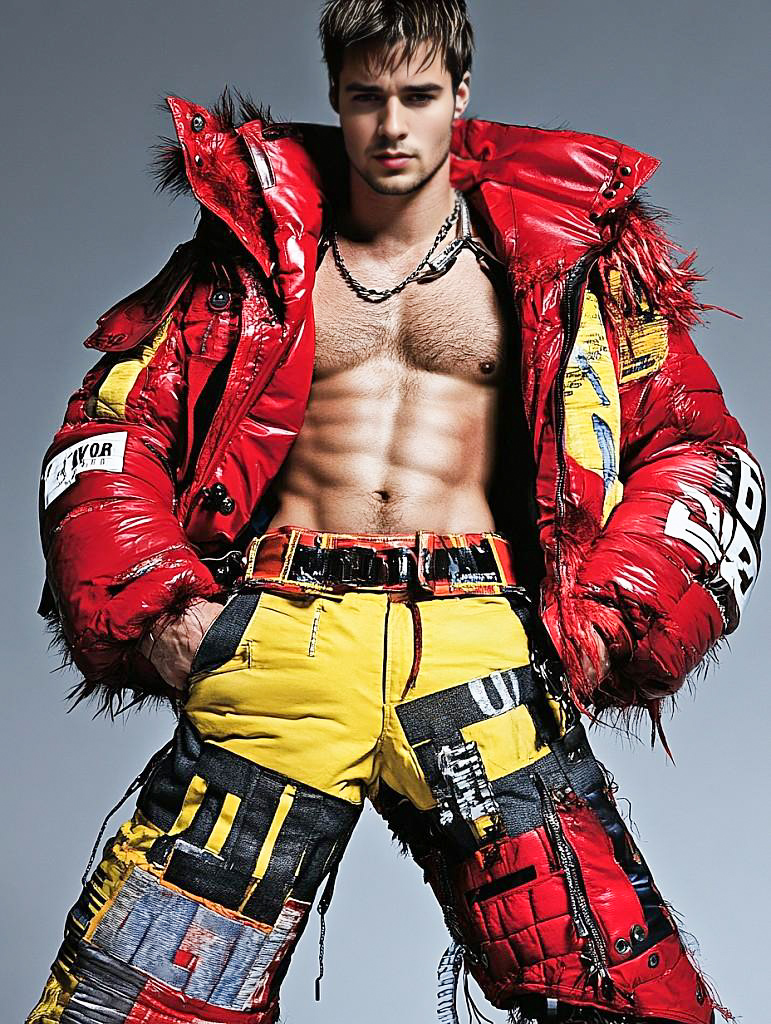 Man in Bold Red Puffer Jacket and Colorful Pants